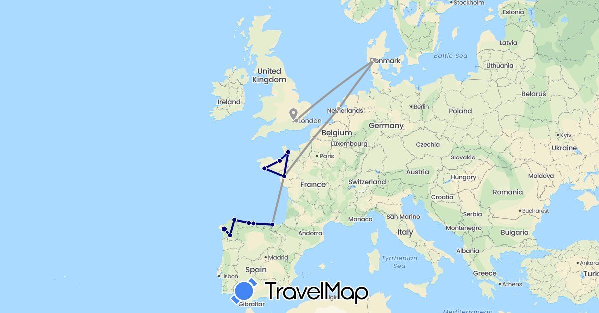 TravelMap itinerary: driving, plane in Denmark, Spain, France, United Kingdom, Netherlands (Europe)
